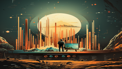 KI-Bild: Ein Mann steht vor einem Bildschirm, der eine futuristische Landschaft mit hohen Datenbalken und einem Sonnenuntergang zeigt.