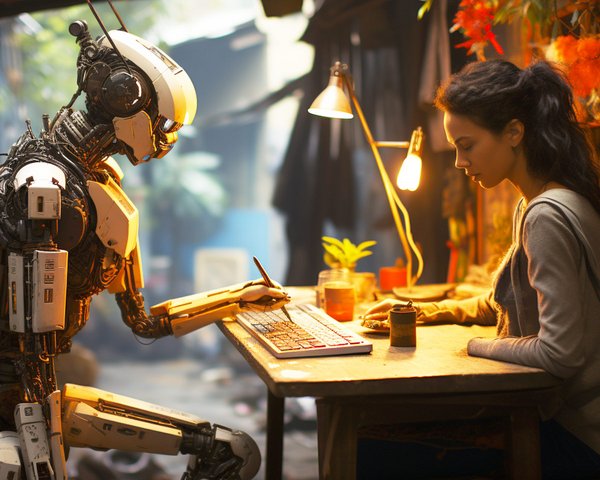 Mensch und Roboter arbeiten und malen gemeinsam an einem Schreibtisch in einer gemütlichen, beleuchteten Umgebung.