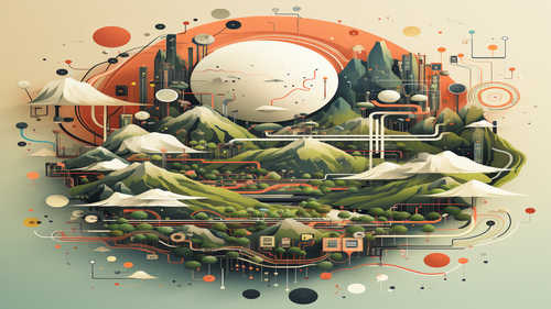 KI-Bild: Eine Landschaft mit Bergen und Flüssen, durchzogen von Netzwerken und verbundenen Datenknotenpunkten.