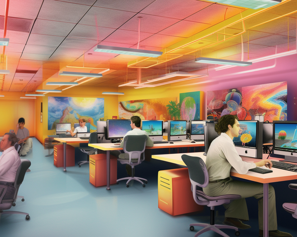 KI-Bild: Menschen arbeiten in einem farbenfrohen Büro mit Computern und modernen Kunstwerken an den Wänden.
