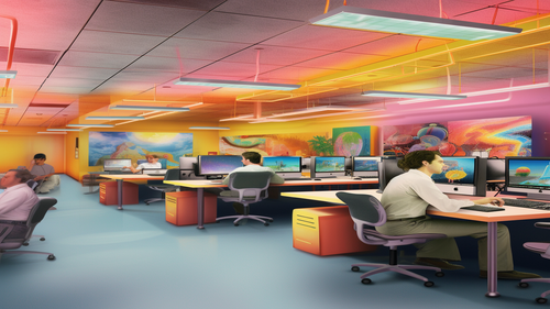 KI-Bild: Menschen arbeiten in einem farbenfrohen Büro mit Computern und modernen Kunstwerken an den Wänden.