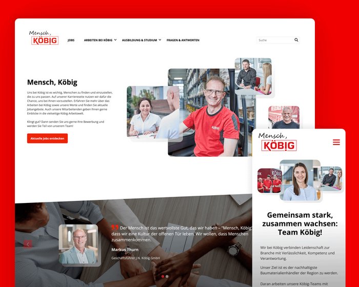 Ein Screenshot der Homepage und der Team-Seite von karriere.koebig.de vor rotem Hintergrund