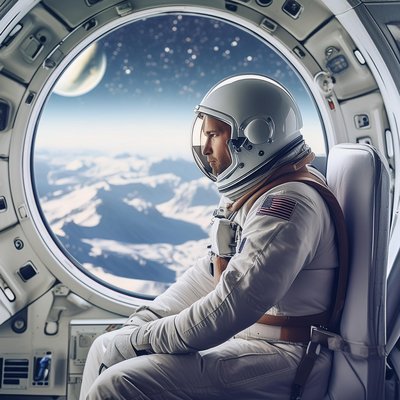 Mit Firefly generiertes Bild: Astronaut sitzt in einem Raumschiff und blickt durch ein rundes Fenster ins Weltall