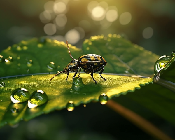 KI-Bild: Ein Käfer sitzt auf einem Blatt, umgeben von Tautropfen, bei Sonnenlicht.