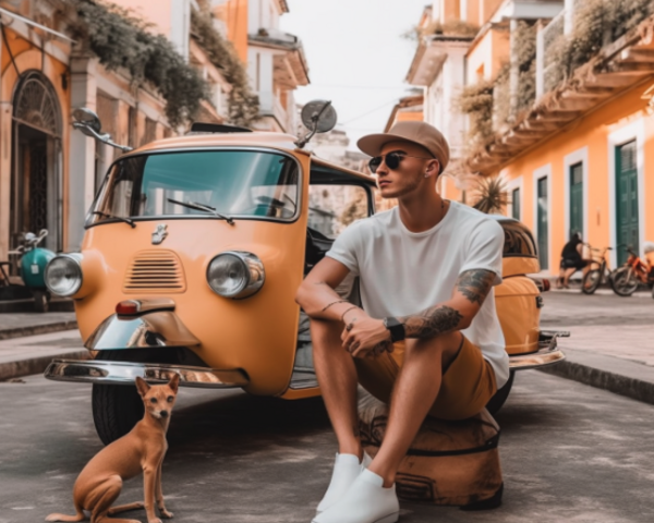 KI-Bild:  Ein junger Mann in lässiger Kleidung sitzt vor einem gelben Retro-Dreirad in einer sonnigen Straße mit mediterranem Flair. Neben ihm steht ein kleiner Hund.