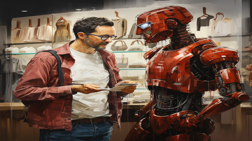 KI-Bild: Ein Mann im roten Hemd spricht mit einem roten Roboter in einem Geschäft.