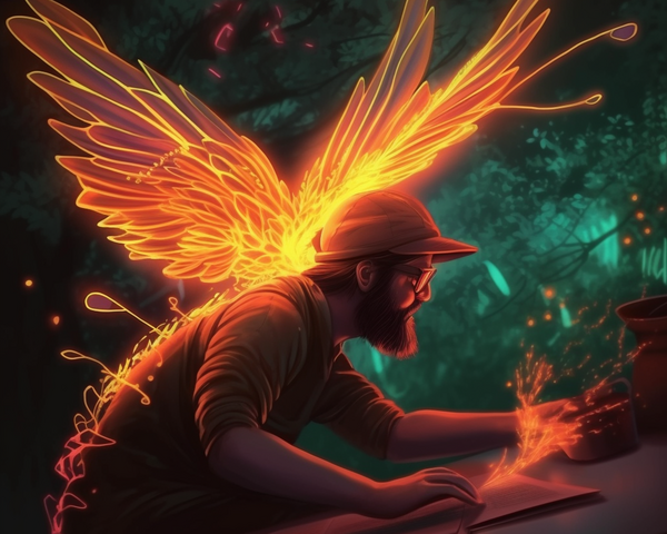 KI-Generiertes Bild, Avatar von Oliver Kemmann mit leuchtenden Flügeln, die rechte Hand sprüht Funken
