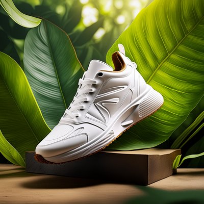 Mit Firefly generiertes Bild: Weißer moderner Sneaker auf einem Holzblock, umgeben von grünen Blättern