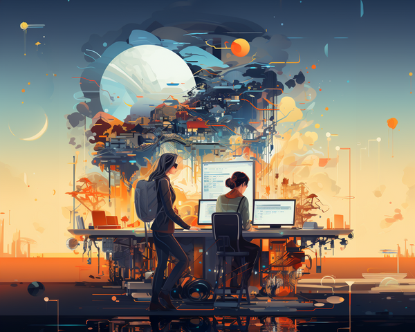 KI-Bild: Illustration zweier Personen, die an einem Computer arbeiten, mit futuristischem Hintergrund und Himmelskörpern.