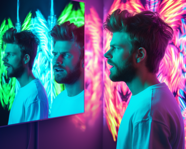 Mensch steht vor Spiegel mit Licht im Hintergrund, sieht sich zweifach von verschiedenen Seiten