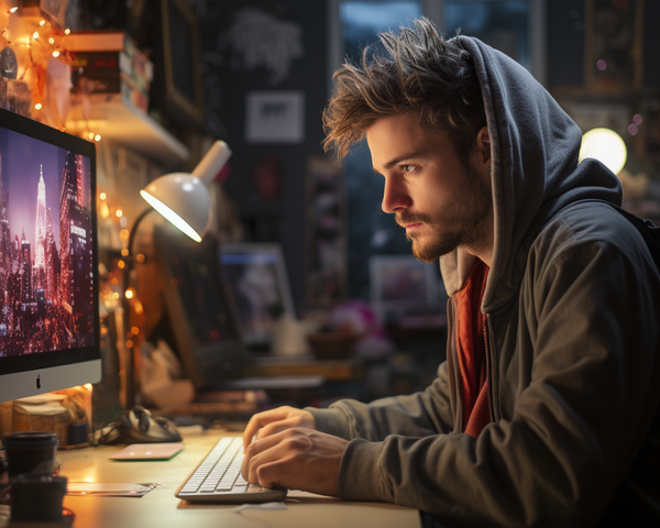 KI-Bild: Ein Mann mit Kapuzenpullover sitzt konzentriert vor einem Computer in einem mit Lichterketten dekorierten Raum.