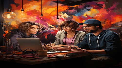 KI-Bild: Drei Personen sitzen zusammen und nehmen einen Podcast in einer kreativen, bunten Umgebung auf.