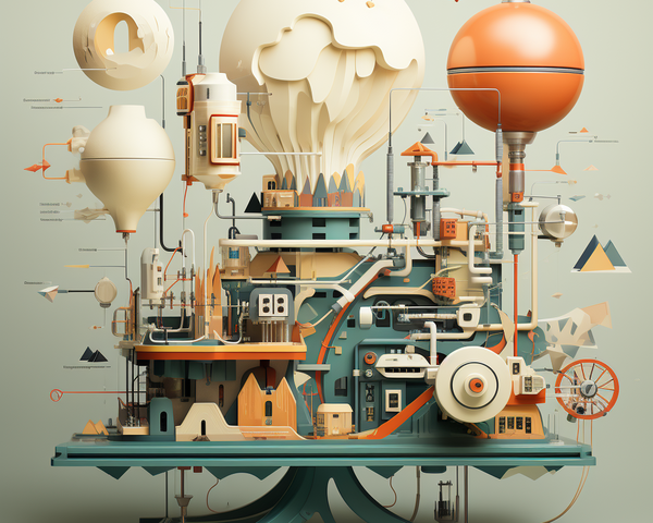 KI-Bild: Eine digitale Maschine in einem minimalistischen Design, die mit verschiedenen Formen und Schaltkreisen arbeitet.