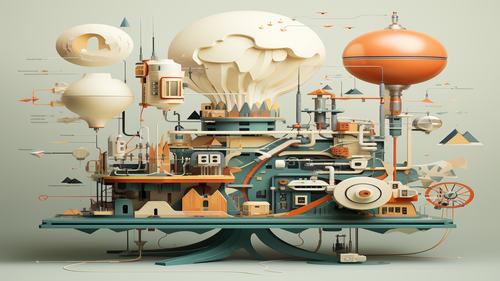 KI-Bild: Eine digitale Maschine in einem minimalistischen Design, die mit verschiedenen Formen und Schaltkreisen arbeitet.