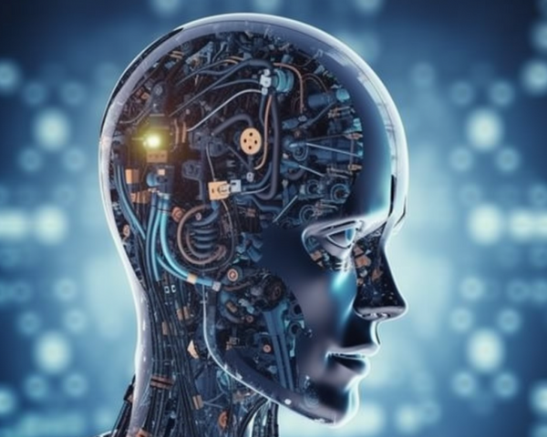 Darstellung eines menschlichen Kopfes als mechanisches Wesen, symbolisiert Künstliche Intelligen
