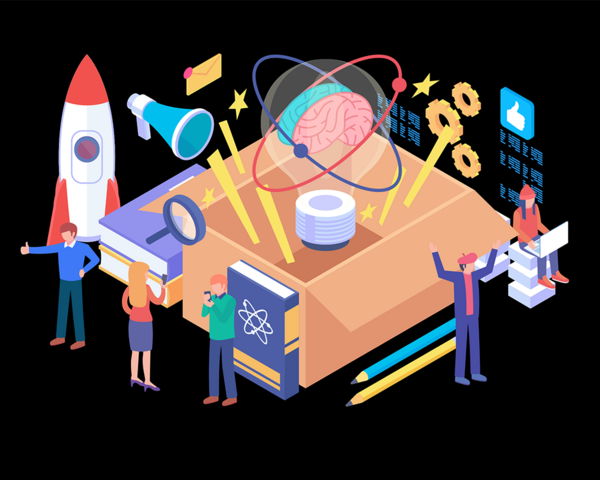 Ein Konzeptbild mit Menschen, einer Rakete und wissenschaftlichen Symbolen, die aus einer Box herauskommen.
