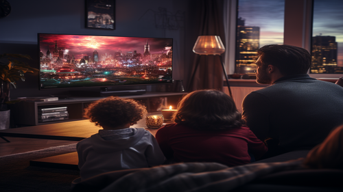 KI-Bild: Eine Familie sitzt auf dem Sofa und schaut eine futuristische Stadtansicht auf einem großen Fernseher im Wohnzimmer.