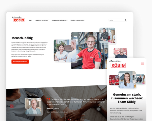 Ein Screenshot der Homepage und der Team-Seite von karriere.koebig.de
