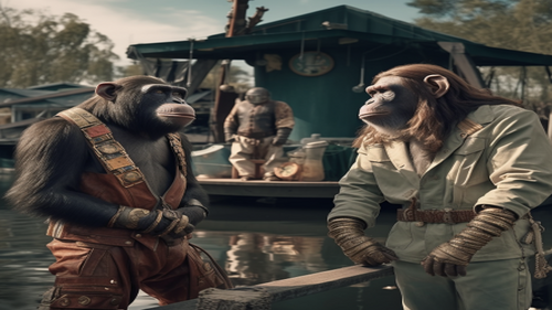 KI generiertes Bild: Zwei Schimpansen in Kleidung unterhalten sich an einem Flussufer.