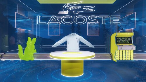Lacoste-Showroom mit beleuchtetem Logo, weißem Hoodie, grünem Krokodil-Dekor und gelber Arcade-Spielmaschine in futuristischer Umgebung.