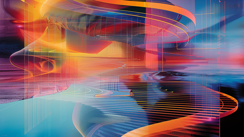 KI-Bild: Bunte, geschwungene Linien, die eine futuristische und dynamische Komposition formen.