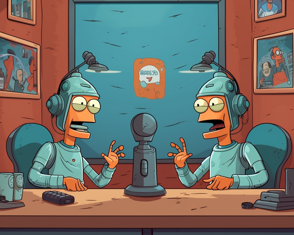 Zwei Roboter im Simpsons-Stil in einem Studio, die einen Podcast aufnehmen, Bilder an den Wänden.