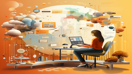 KI-Bild: Eine Frau arbeitet an einem Computer, umgeben von schwebenden Datenwolken und Infografiken vor einem Weltkarten-Hintergrund.