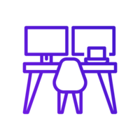Symbol für 'Arbeitsausstattung'. Es zeigt sehr vereinfacht einen Arbeitsplatz mit einem Laptop und 2 Monitoren