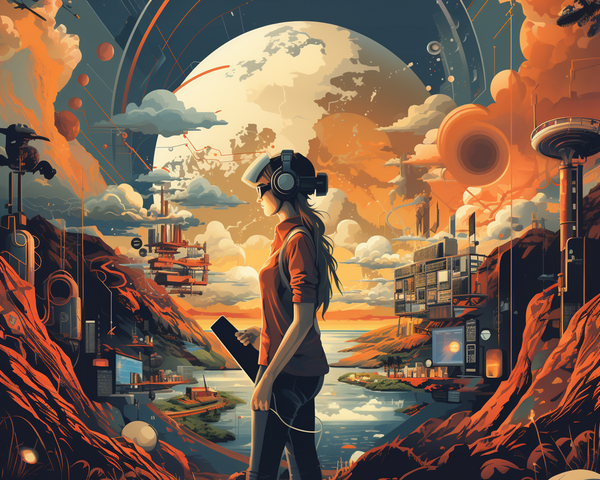 KI-Bild: Frau im Vordergrund, an den Seiten Berge und im Hintergrund ein See mit Monden am Himmel