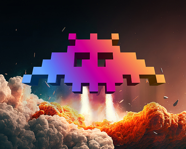Pixel-Raumschiff startet aus Wolken mit Explosion im Hintergrund