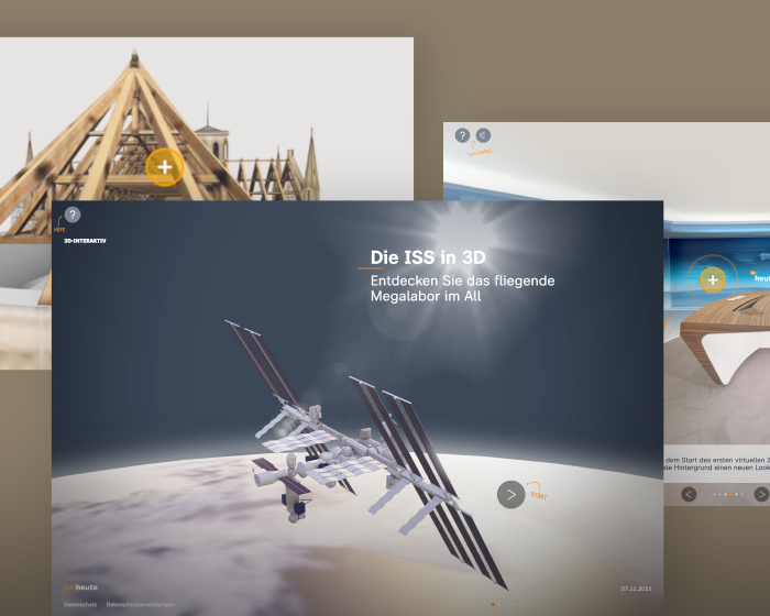 Screenshots des ZDF 3D-Tools, 3D-Darstellung der ISS mit dem Text 'Die ISS in 3D - Entdecken Sie das fliegende Megalabor im All'.